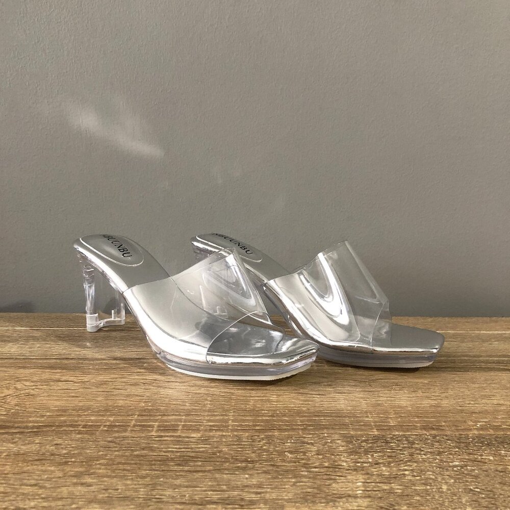 NBUUNBU Clear Heels Womens Sz 9 Silver Transparent Platform Open Toe Sandals